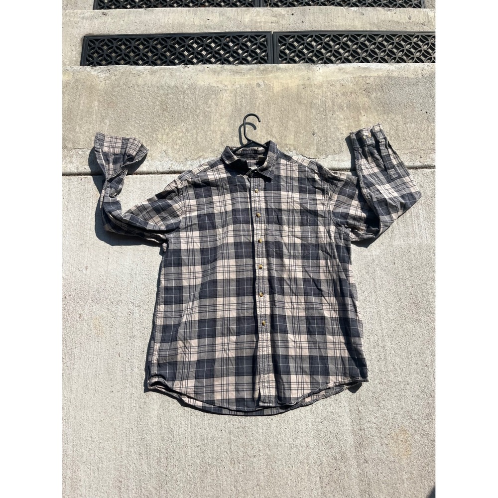 LL Bean Mens XL Regular Plaid Flannel Button Down Shirt Grey Tan Cotton BHJ8